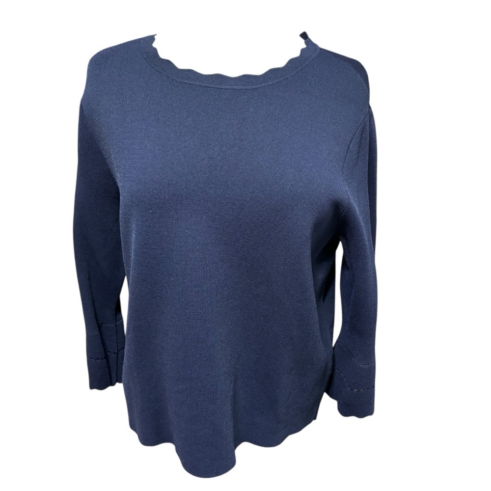 HM Navy  Scalloped Neckline‎ Pointelle Cuff 3/4 Sleeve Knit Sweater Large #754